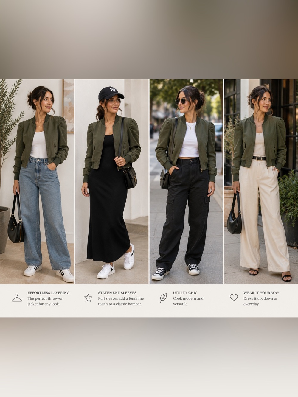 Dolan Anthropologie Olive Puff Sleeve Bomber Jacket XS Utility Cropped - Picture 2 of 9
